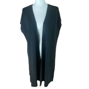 Eileen Fisher Wm’s Black Ribbed Italian Knit Open Front Long Cardigan Sweater La